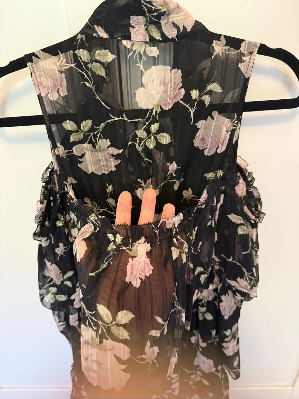 Ulla Johnson Marion Dress Silk Chiffon Cold Shoulder Black w Blush Floral Size 0 - Picture 10 of 14
